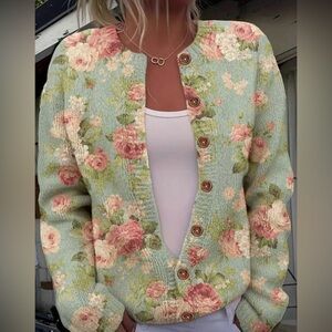 Women Sweater Button Down Floral Chic Sage Green Sweater NWT Small Size